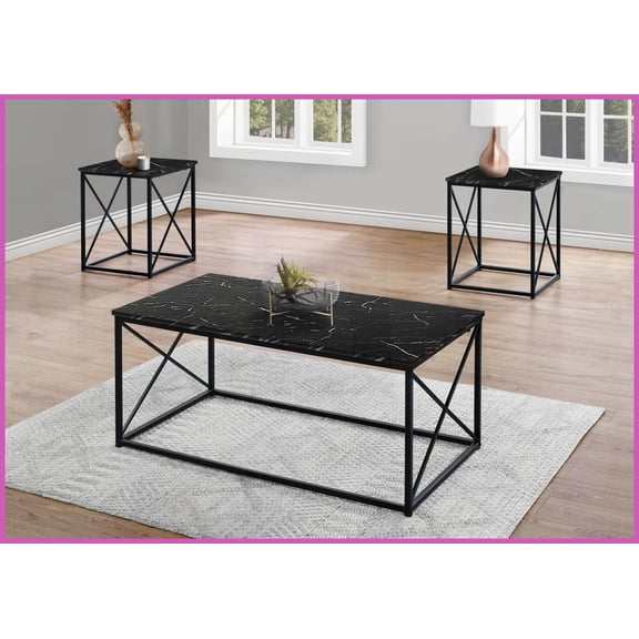 3-Piece Living Room Coffee & End Table Set: Black Marble-Look Top, Sturdy Metal X Frame, Ample Surface Space