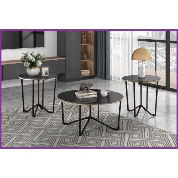3-Piece Living Room Coffee & End Table Set: Round Black Tempered Glass Top, Metal Frame, Easy-Clean Modern Style