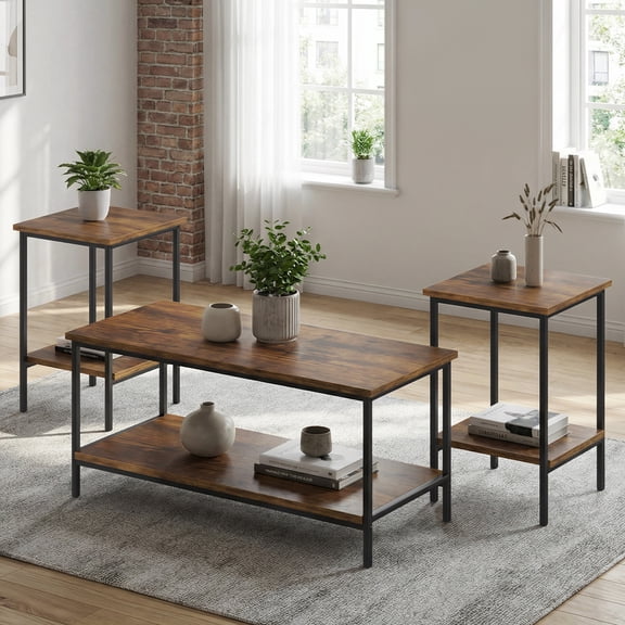 3-Piece Living Room Coffee Table Set, Bonhappy Retro Coffee Table with 2 Square End Tables, Tea Table Set with Metal Frame for Apartment, Home Office, Rustic Brown