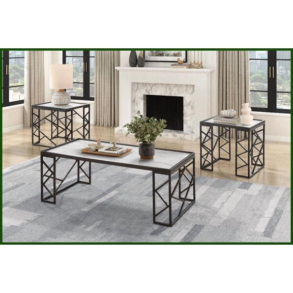 3-Piece Living Room Coffee Table Set, White Marble-Print Glass Top with Black Metal Frame, Easy-Clean Modern Occasional Tables