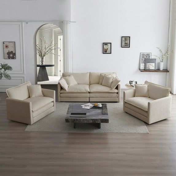 3 Piece Living Room Furniture Set, 2- Piece of Single Sofa and 2-Seat Loveseat Sofa, Upholstered Sectional Sofa Couch for Living Room, Apartment
