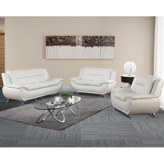 3 Piece Living Room Furniture Set, Leather Sofa Set for Living Room, Modern Couch Set with 3-Seater Sofa, Loveseat and Armchair (Cream White)