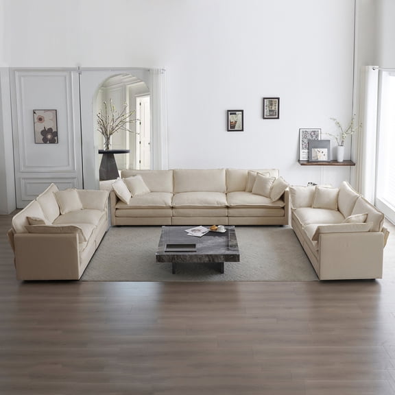 3 Piece Living Room - Oversized Comfy Beige Chenille Couch. Solid Wood Frame. High Breathable Upholstery. Sponge Filled. Versatile Seating Arrangements. Comfortable Space. Easy Assembly Couch In 2x