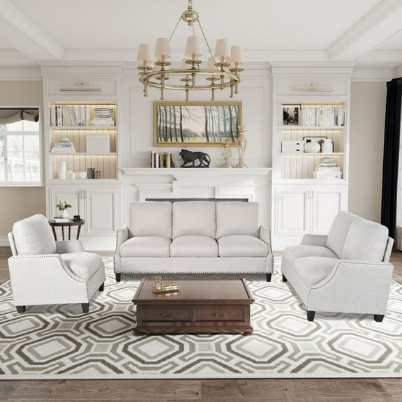 3-Piece Living Room Sectional Sofa Set, Modern Upholstered Couch Set with Nailhead Trim Design, Living Room Furniture Set- Armchair Loveseat and 3 Seat Sofa, Beige