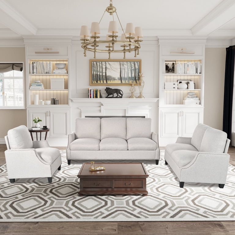 3-Piece Living Room Sectional Sofa Set, Modern Upholstered Couch Set with Nailhead Trim Design, Living Room Furniture Set- Armchair Loveseat and 3 Seat Sofa, Beige