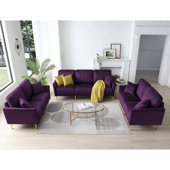 3 Piece Living Room Sectional Sofa Sets, Modern Upholstered Couch Furniture, Sectional Sofa Couch Include 3 Seater Sofa, 2 piece Loveseat and 7 throw pillows,Purple