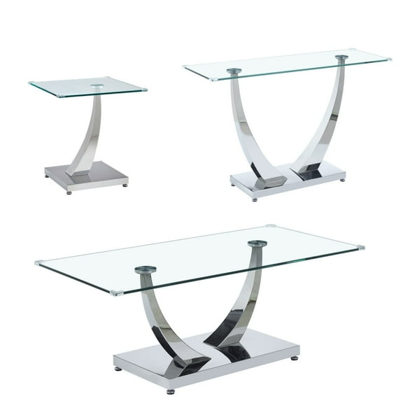 3-Piece Living Room Set, Coffee Table, End Table, and Console Table, Modern Clear Tempered Glass Tops and Silver Curved Stainless Steel Bases, for Living Room and Office