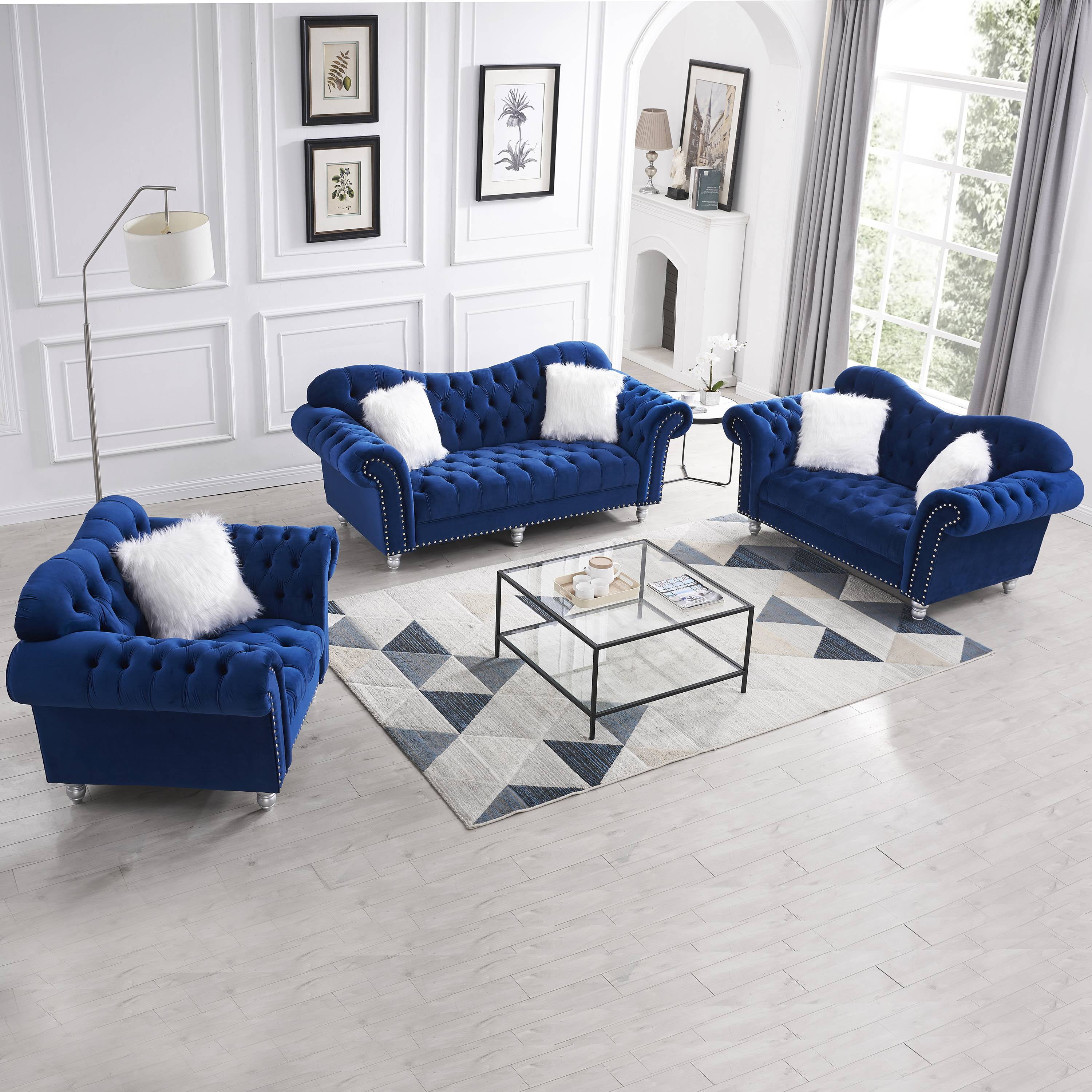 3 Piece Living Room Sofa Set Including 3 Seater Sofa Loveseat and Sofa Chair with Five White Villose Pillow Button and Copper Nail on Arms and