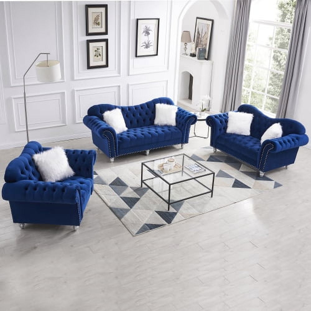 ARCTICSCORPION 3 Piece Contemporary Velvet Living Room Set Blue