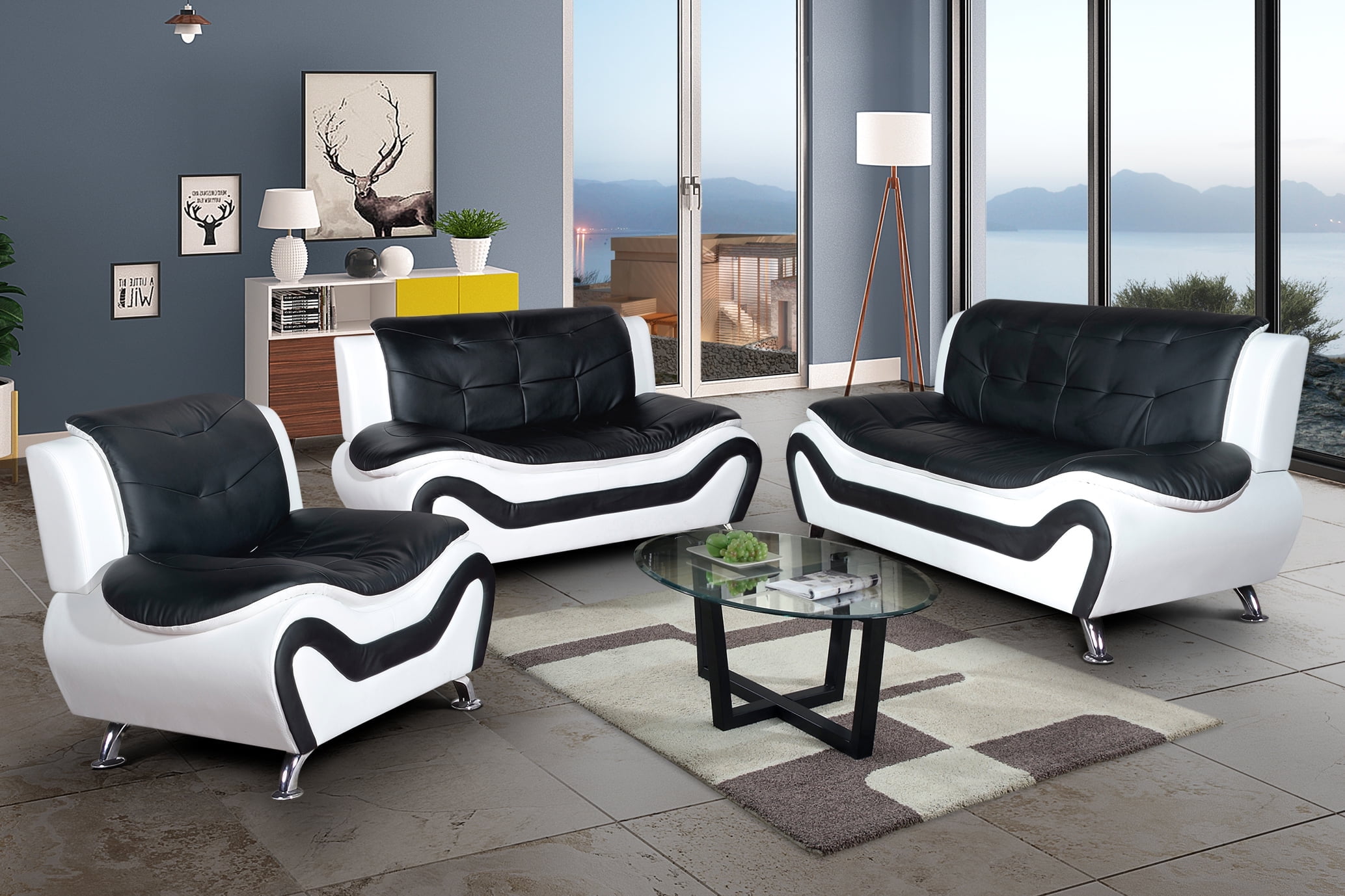 3 Piece Living Room Sofa Set Sofa Loveseat Chair Black White Color Faux Leather Upholstery Material More color and Styles Available