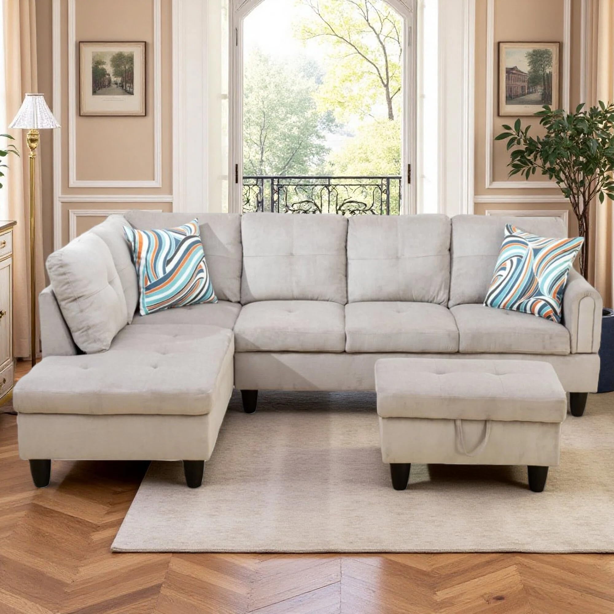 3-Piece Living Room Sofa Set with Chaise and Storage Ottoman, 6 Seater L Shaped Couch Sectional Couches Modular Convertible Sofa, Grey White