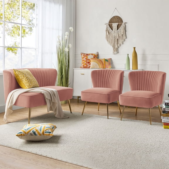 3 Piece Living Room Sofa Set with Upholstered Loveseat Couch Armless Accent Chairs Pink