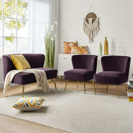 3 Piece Living Room Sofa Set with Upholstered Loveseat Couch Armless Accent Chairs Purple