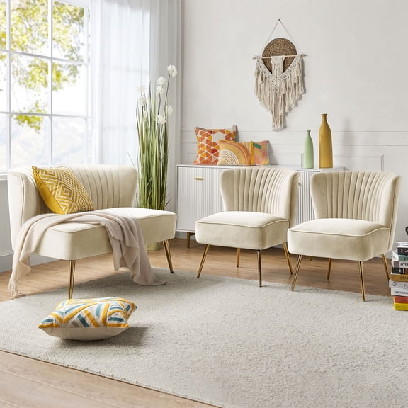 3 Piece Living Room Sofa Set with Upholstered Loveseat Couch Armless Accent Chairs Tan