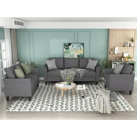 3 Piece Living Room Sofa Sets Including 3-Seater Sofa, Loveseat and Sofachair, Modern Polyester Blend Tufted Upholstered Sectional Couch for Home Aprtment Office Studio Furniture, No Pillows, Gray