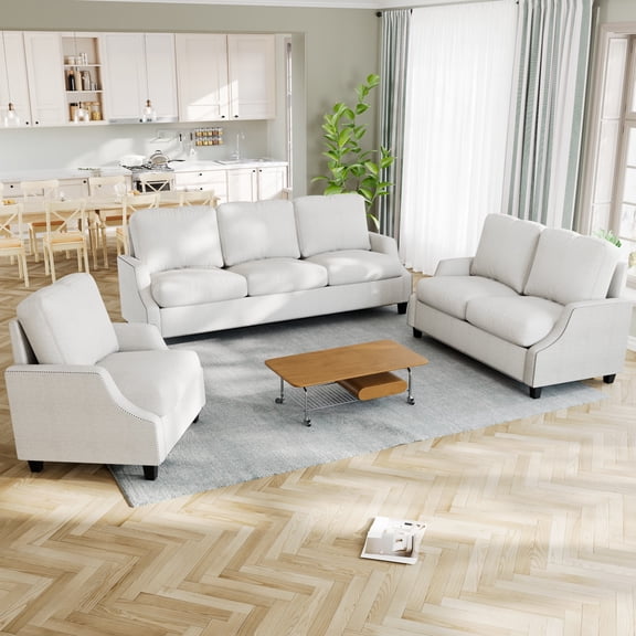 3 Piece Living Room Sofa Sets, Sectional Couch, Loveseat, Armchair Set, Modern 3 Seater Sofa + 2 Seater Couch+ Accent Chair Furniture Set for Apartment (Beige)