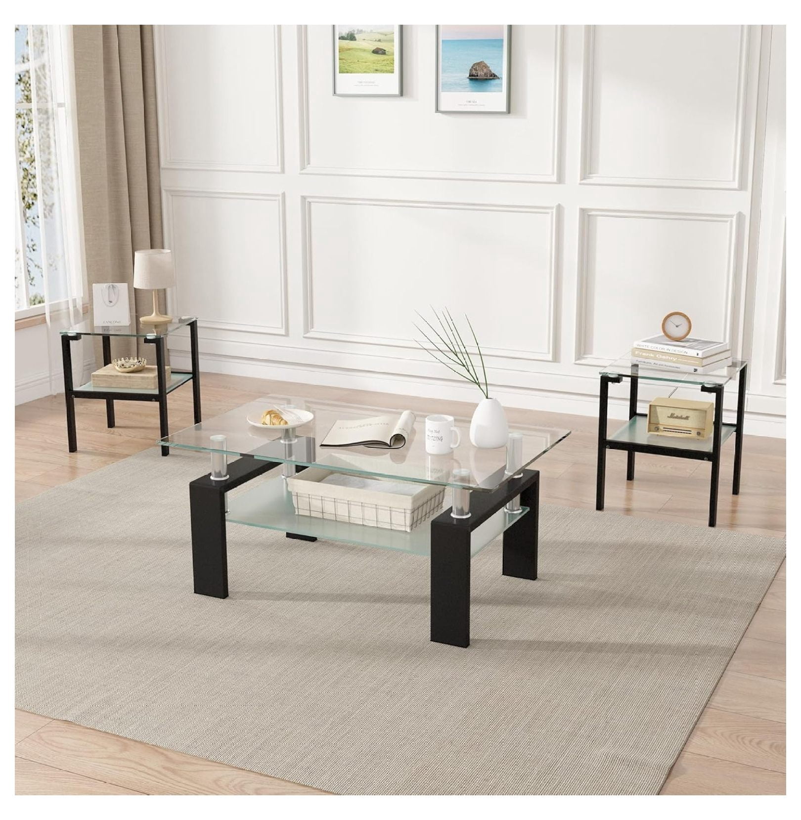 3 Piece Living Room Table Set Glass