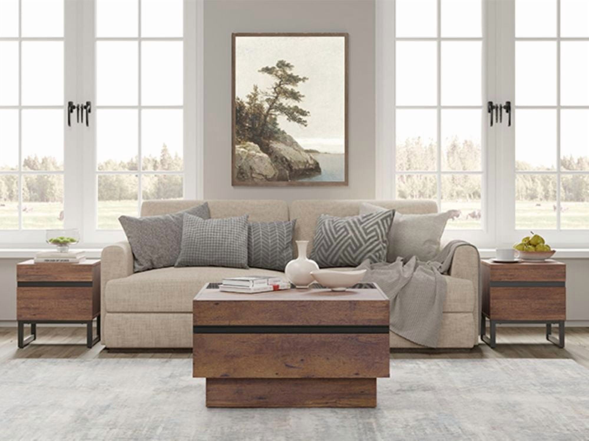 3-Piece Living Room Table Set, Modern Square Coffee Table with Tempered Glass Top, 2 End Tables with 4 Drawers & Black Iron Legs, Walnut Wood Grain，Brown