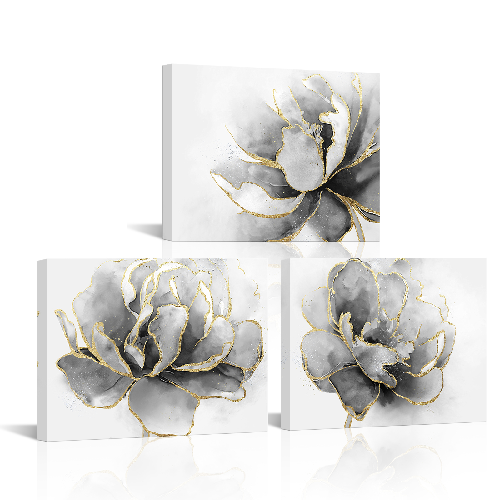Visual Art Decor 3-Piece Lotus Flower Canvas Wall Art Gray Floral Picture Wall Decor for Bar Dining Room Bedroom Bathroom Kitchen Print Painting for Home Decorations , 12"x 16"x3Pcs