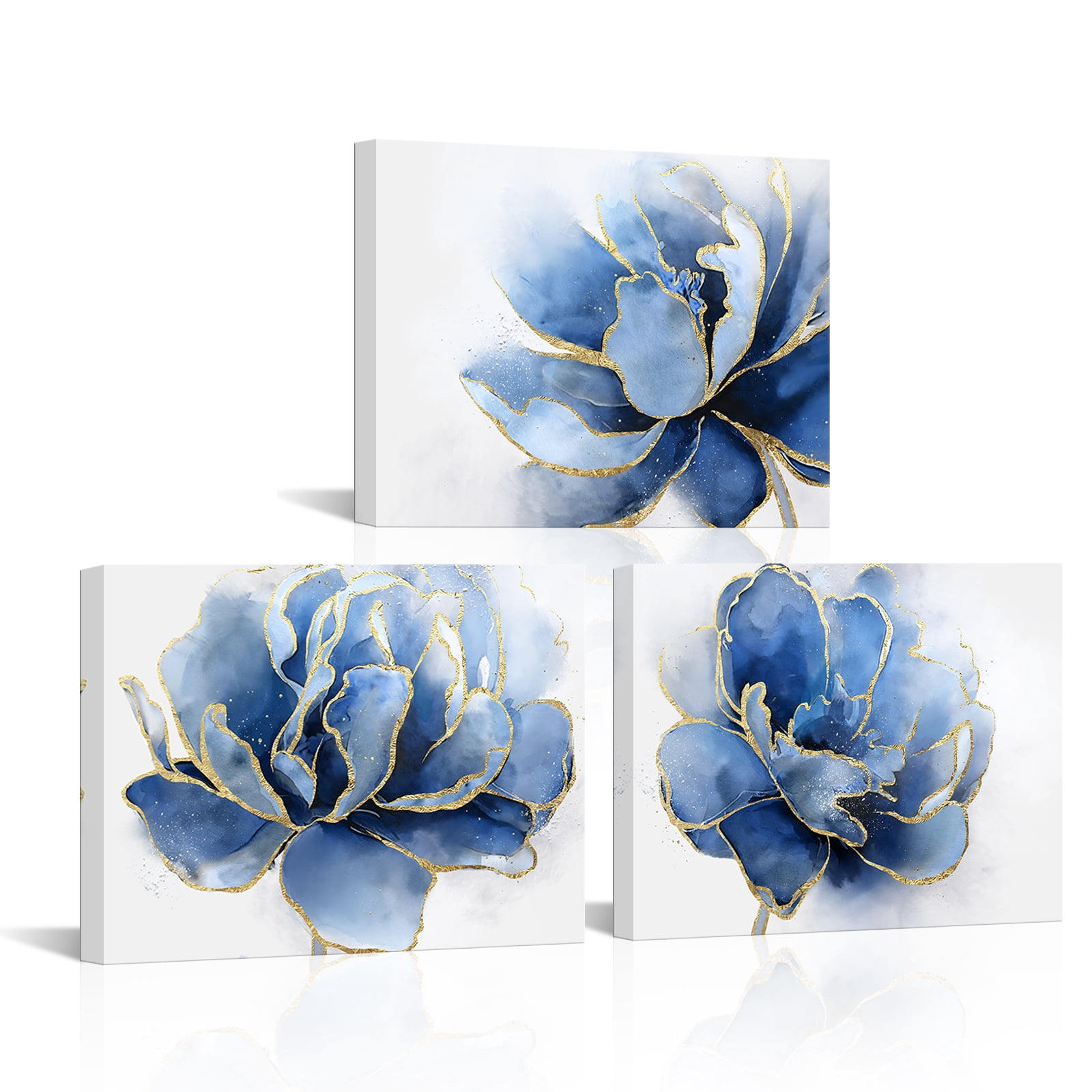 Visual Art Decor  3 Piece Lotus Flower Canvas Wall Art for Living Room Blue Floral Picture Wall Decor for Bar Dining Room Bedroom Bathroom Kitchen Print Painting for Home Decorations 12"x 16"x3Pcs