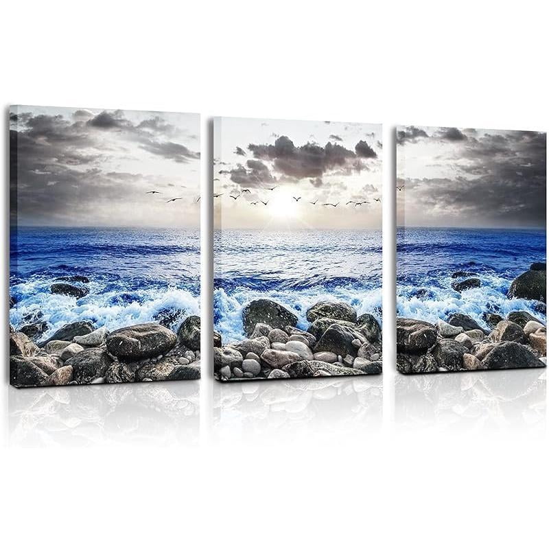 3 Piece Lotus Flower Canvas Wall Art for Living Room, Blue Floral ...