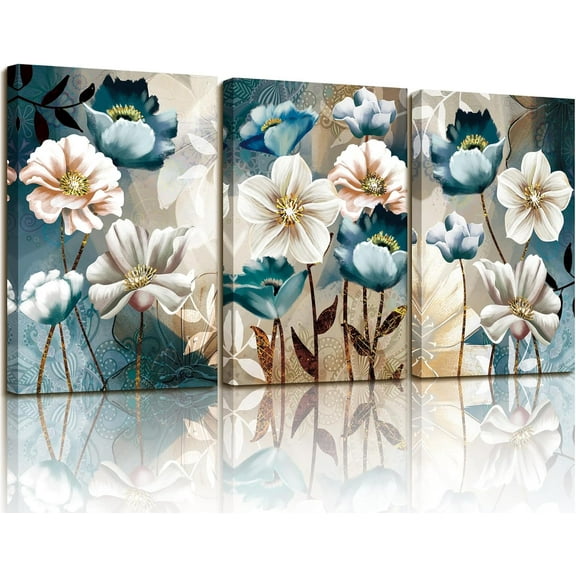 3 Piece Lotus Flower Canvas Wall Art for Living Room, Blue Floral Picture Wall Decor for Dining Room Bedroom, Art Print Painting for Home Decorations 12"X16"