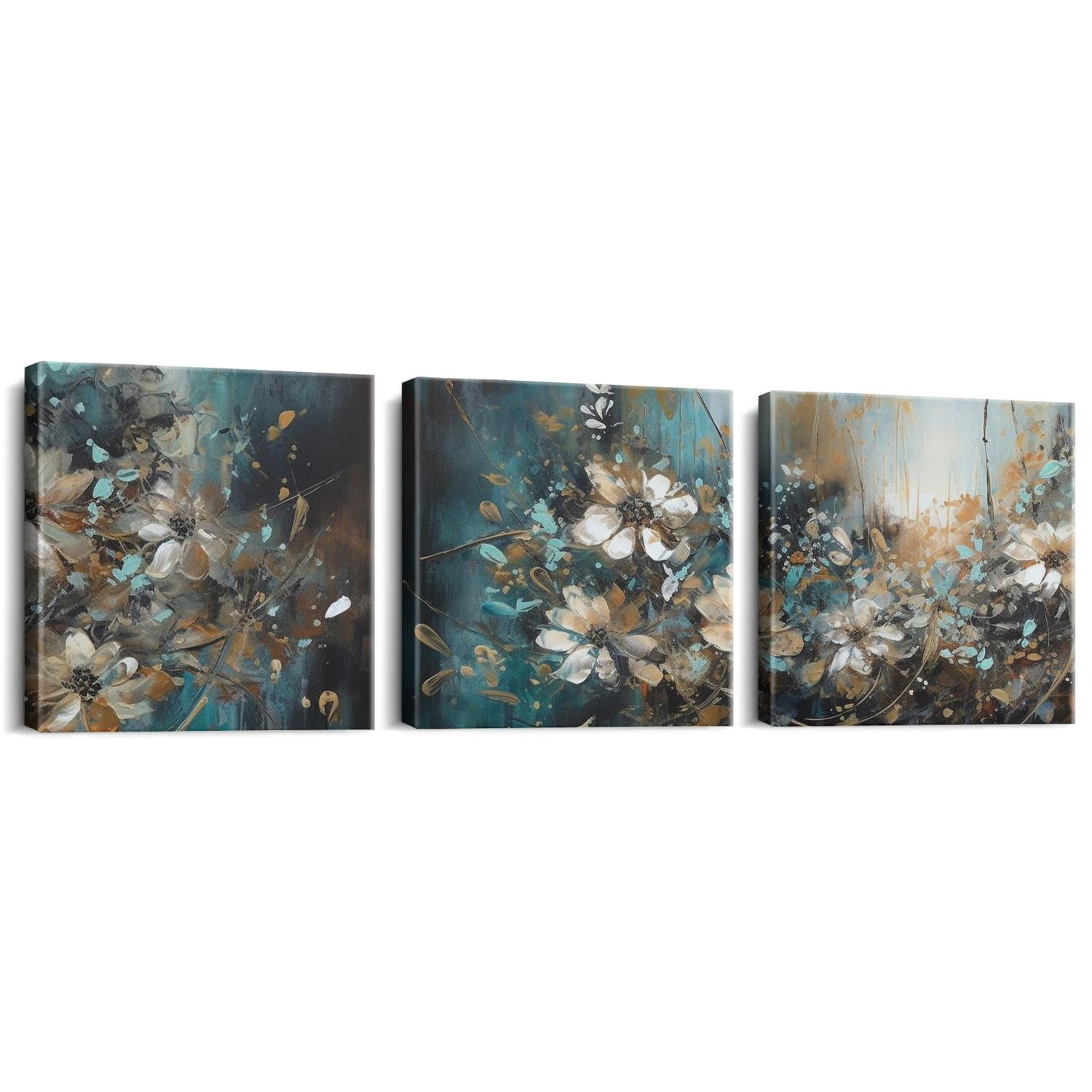 3 Piece Lotus Flower Canvas Wall Art for Living Room White and Indigo ...