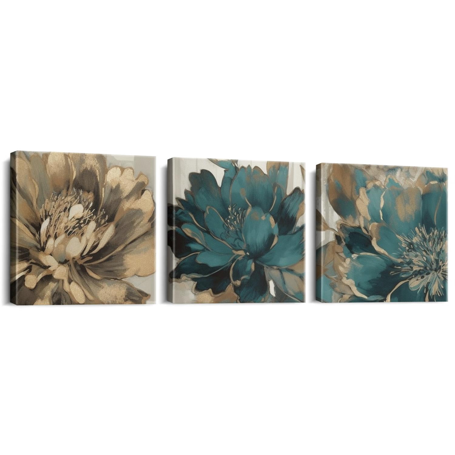 3 Piece Lotus Flower Canvas Wall Art for Living Room White and Indigo ...