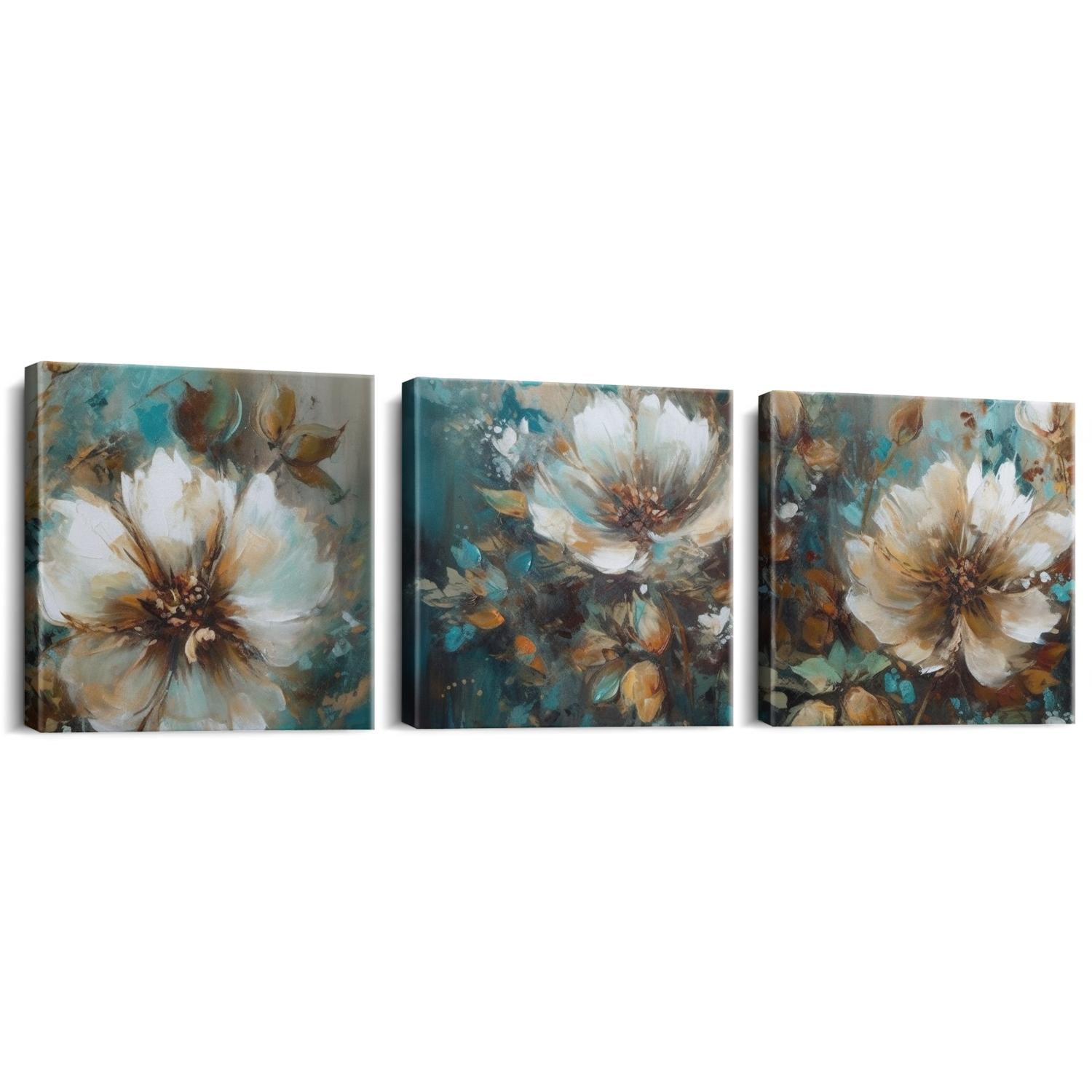 3 Piece Lotus Flower Canvas Wall Art for Living Room White and Indigo ...