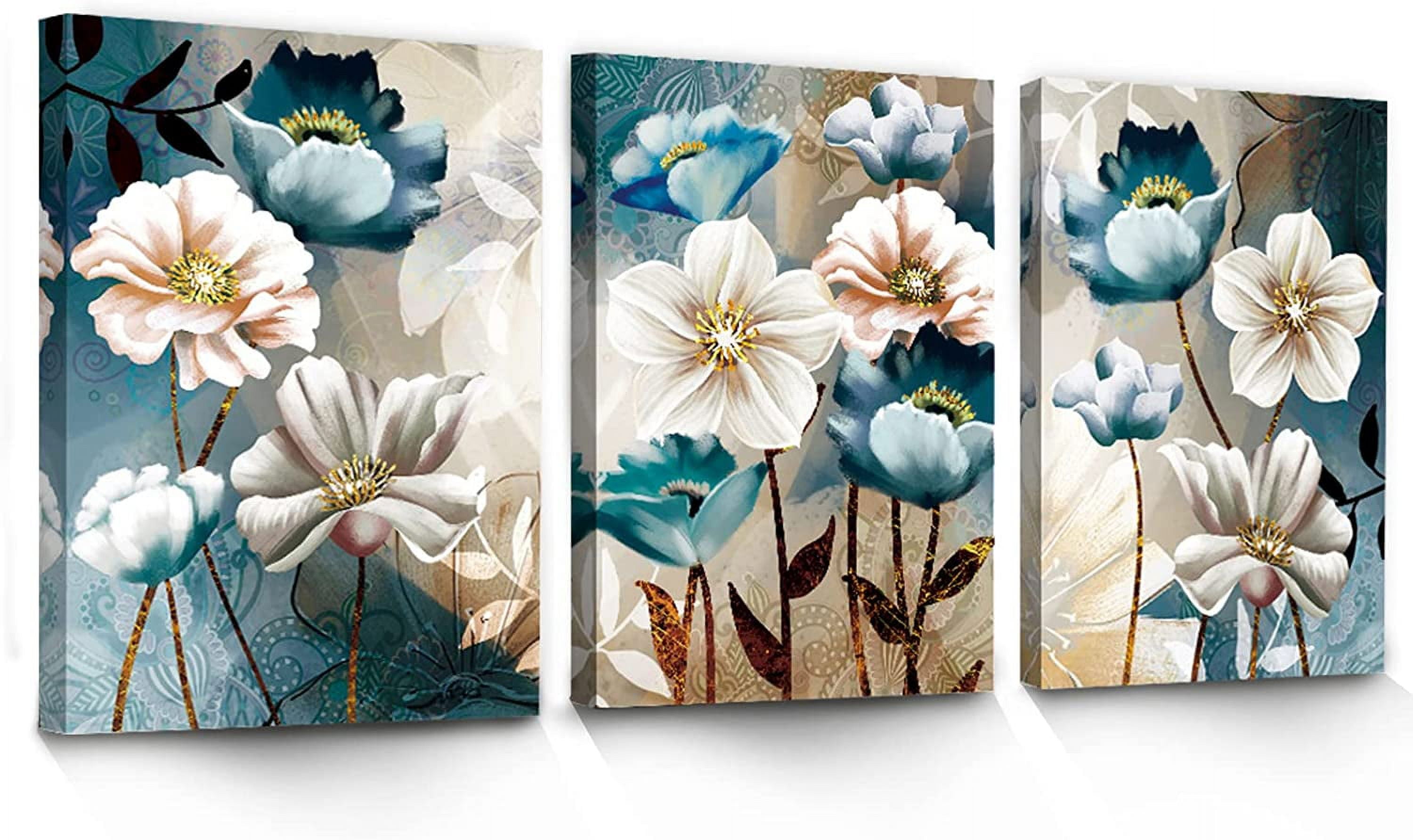 3 Piece Lotus Flower Canvas Wall Art for Living Room White and Indigo ...