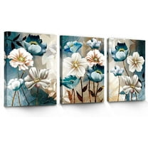 3 Piece Lotus Flower Canvas Wall Art for Living Room White and Indigo Blue Floral Picture Wall Decor for Dining Room Bedroom Bathroom Kitchen Print Painting for Home Decorations
