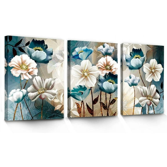 3 Piece Lotus Flower Canvas Wall Art for Living Room White and Indigo Blue Floral Picture Wall Decor for Dining Room Bedroom Bathroom Kitchen Print Painting for Home Decorations