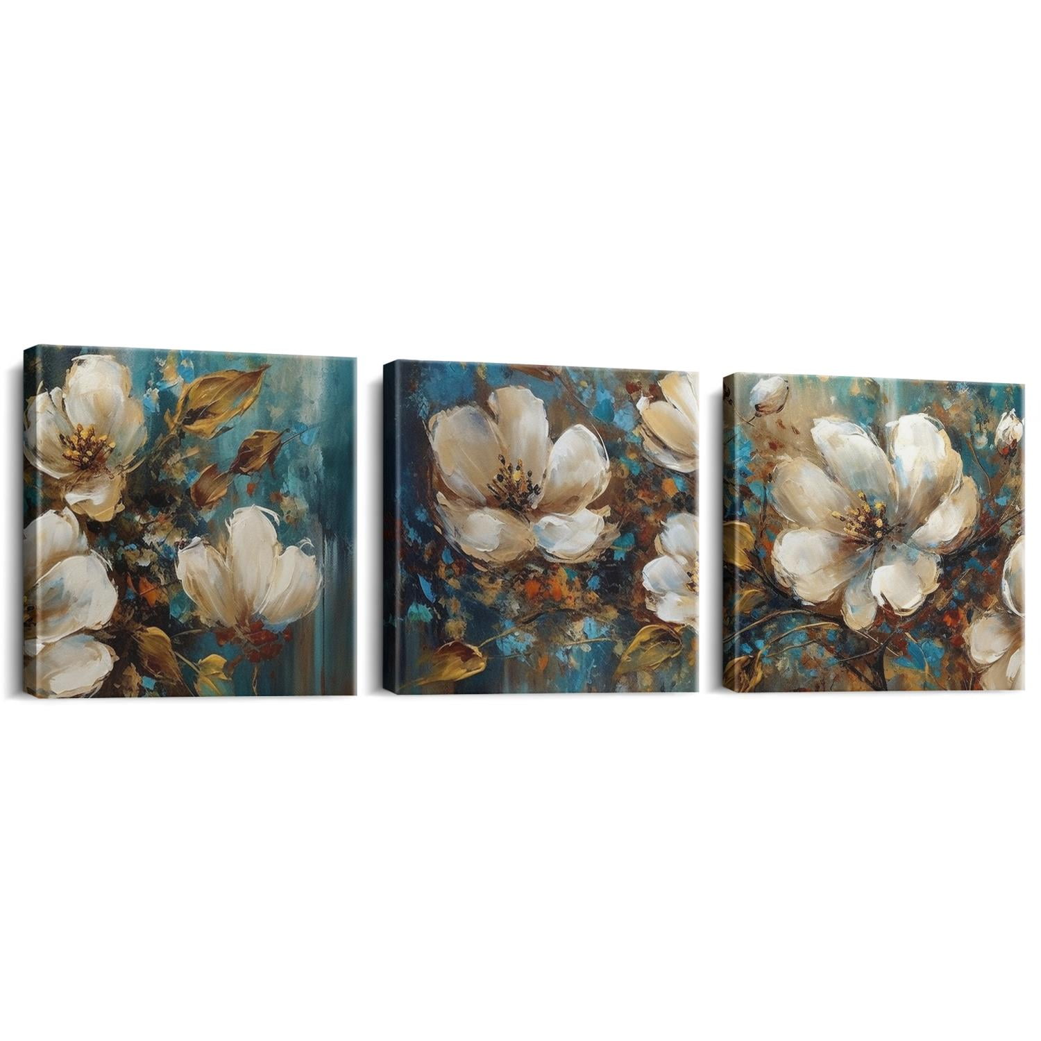 3 Piece Lotus Flower Canvas Wall Art for Living Room White and Indigo ...