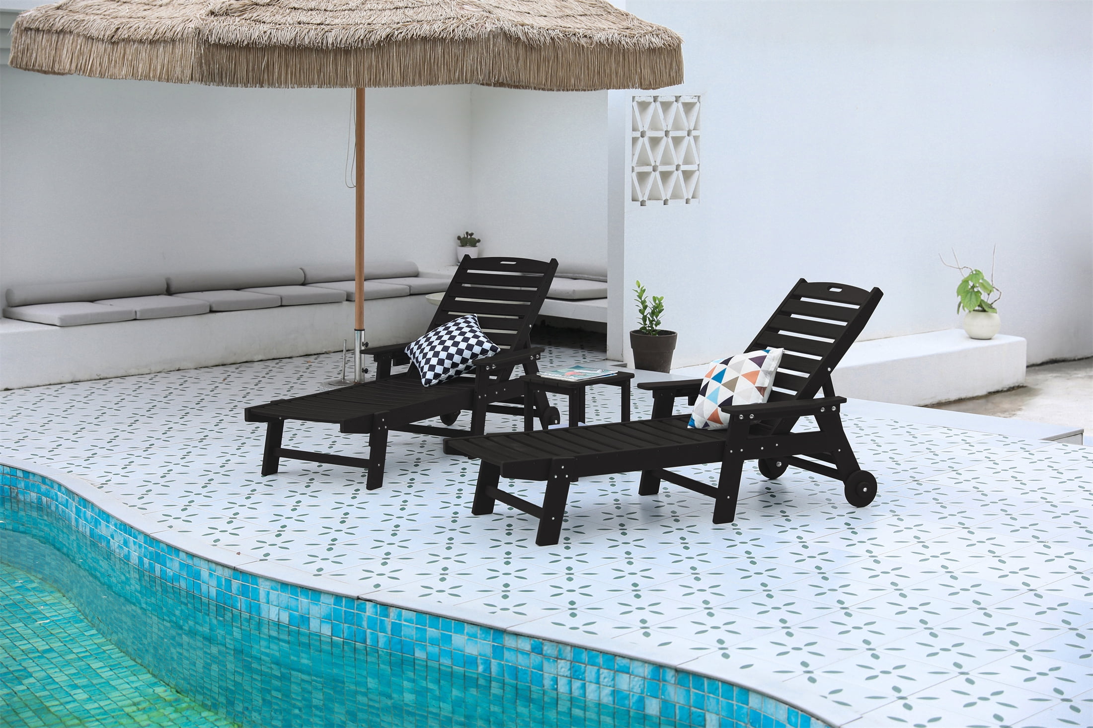 3 Piece Lounge Chair Set, 5 Position Adjustable Oversized Chaise Lounge with Side Table for Patio Poolside, Black