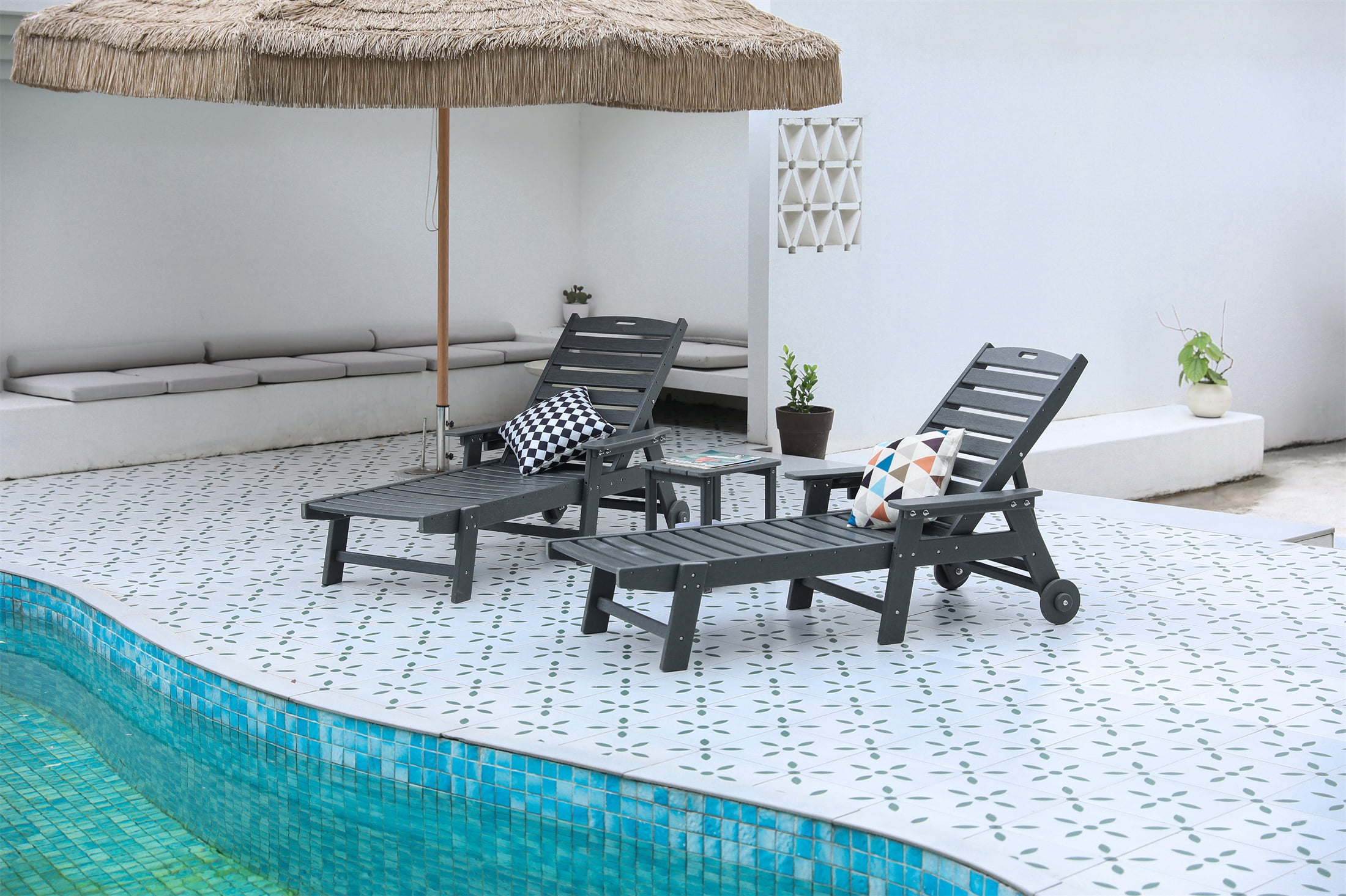 3 Piece Lounge Chair Set, Wood Texture Oversized Chaise Lounge with Side Table for Patio Poolside, Grey