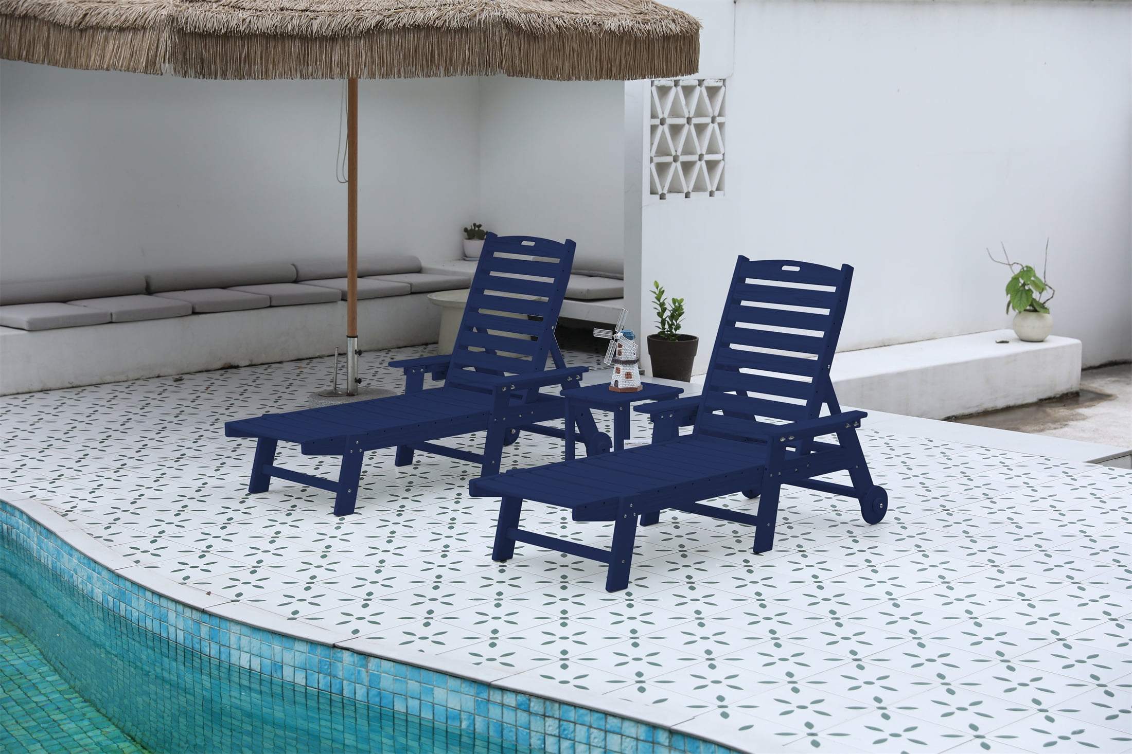 3 Piece Lounge Chair Set, Wood Texture Oversized Chaise Lounge with Side Table for Patio Poolside, Navy Blue