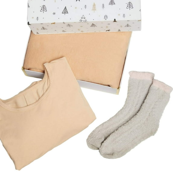 3 Piece Lounge Gift Set, Nightshirt, Socks and Throw Blanket, Large, Beige