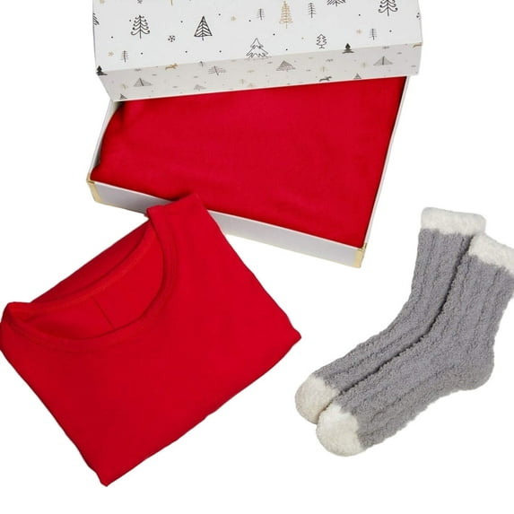 3 Piece Lounge Gift Set, Nightshirt, Socks and Throw Blanket, Large, Red
