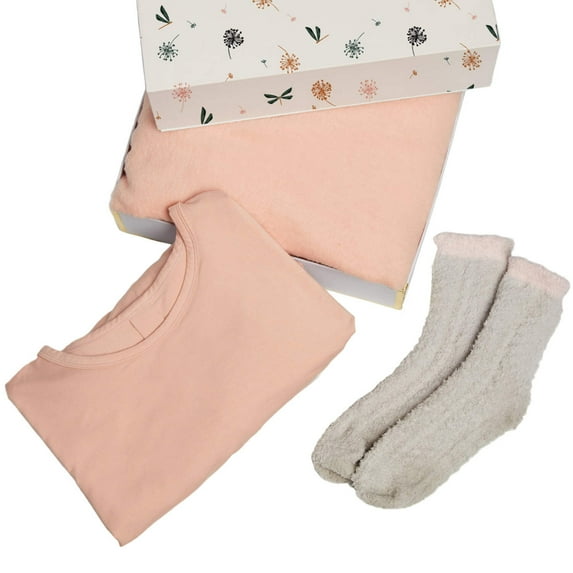 3 Piece Lounge Gift Set, Nightshirt, Socks and Throw Blanket, Large, Rose Pink