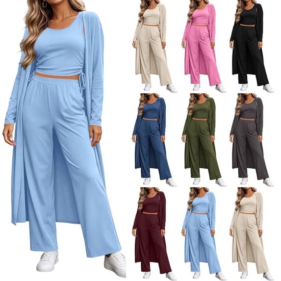 3 Piece Lounge Set for Women Solid Color Plus Size Crew Neck Long Sleeve Long Cardigan Tank Tops Elastic Waist Long Pants Winter Casual Loose Lounge Sets Sleepwear