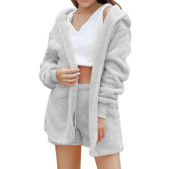 3 Piece Lounge Sets and Women, Hugcore Women's Fuzzy 3 Piece Warm Outfit Fleece Warm Crop Top Shorts Pajamas Loungewear Sets Warm Pj Set Women's Lounge Grey L
