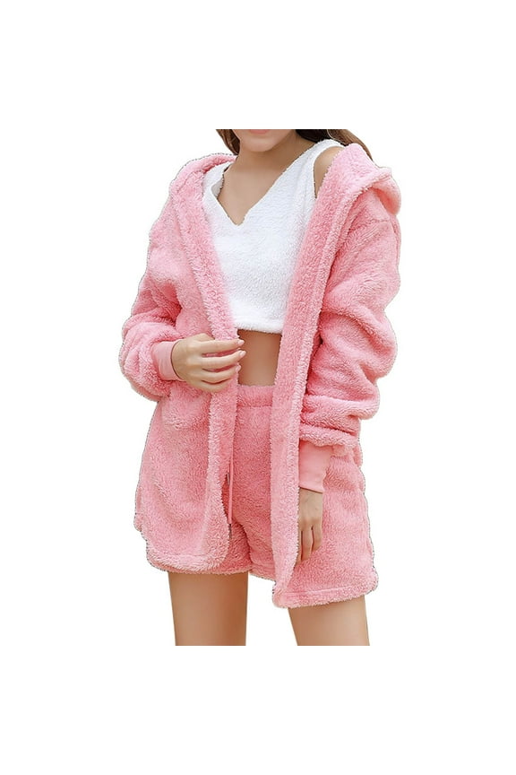 3 Piece Lounge Sets and Women, Hugcore Women's Fuzzy 3 Piece Warm Outfit Fleece Warm Crop Top Shorts Pajamas Loungewear Sets Warm Pj Set Women's Lounge Pink 2XL
