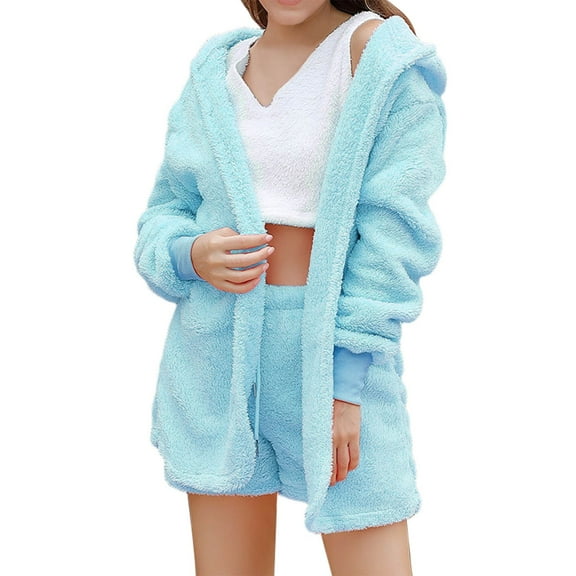 3 Piece Lounge Sets and Women, Hugcore Women's Fuzzy 3 Piece Warm Outfit Fleece Warm Crop Top Shorts Pajamas Loungewear Sets Warm Pj Set Women's Lounge Sky Blue 2XL