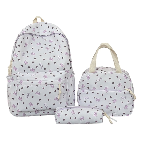 3-Piece Love Bow Print Rucksack Kit with Lunch Bag & Pen Pouch, Preppy Aesthetic Casual Backpack for Everyday Commute (Purple)