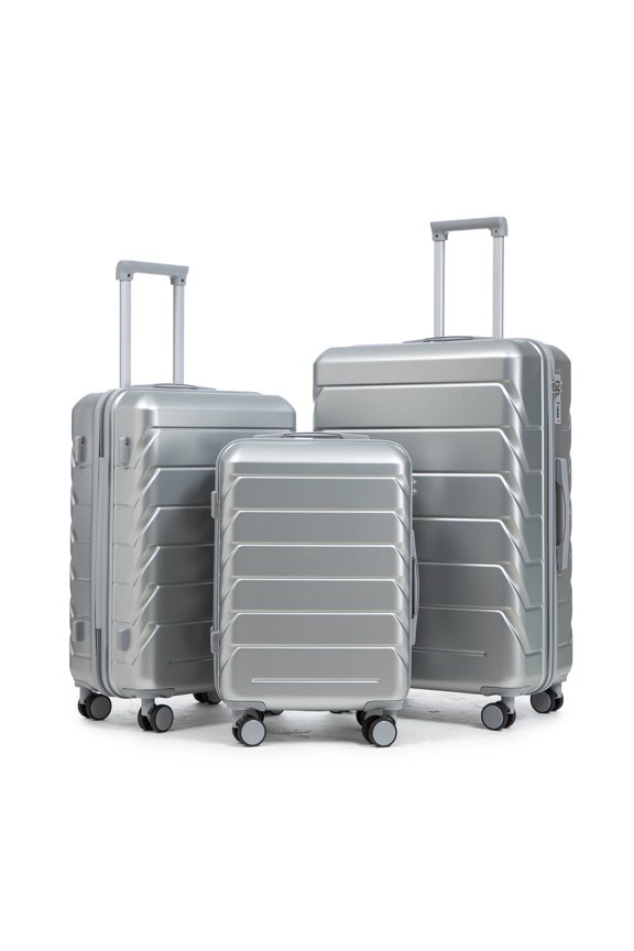 3-Piece Luggage Set (20/24/28"), ABS Hard Shell with Spinner Wheels, Matching Color Design, Built-in Combination Lock, Silver