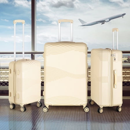 3 Piece Luggage Set 20/24/28" Travel Abs+Pc Hardside Spinner Wheel Suitcase + Customs Lock Beige