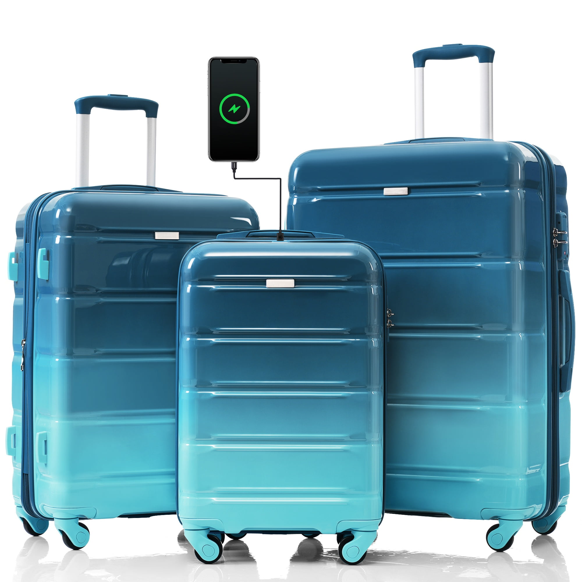 3-Piece Luggage Set, 20 Inch Airline Approved Carry-On with USB Port, ABS+PC Hardshell Suitcase with 360° Spinner Wheels & Side Hooks