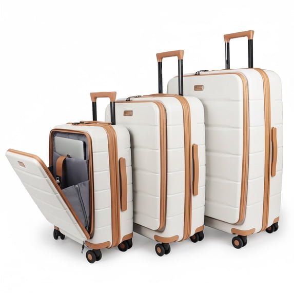 New York Xpress 3 Piece Hardside Luggage Set Expandable Front Opening Suitcase with TSA Lock, 20/24/28in, Beige, Cy2431