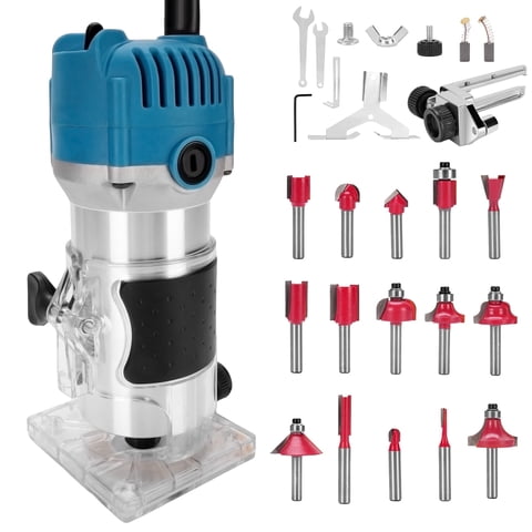 Compact Wood Router, 6 Amp 30000 RPM Palm Router Tool with 15-Piece 1/4" Router Bits Set & Accessories for Wood Trimming, DIY