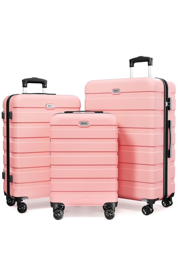 Luggage Set 3 Piece,PC ABS Lightweight Hardside Suitcases with TSA Lock,Carry on luggage with Wheels,Pink